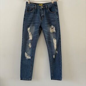Y.N.E Distressed Ripped Denim Jeans Medium Wash 100% Cotton Straight Leg